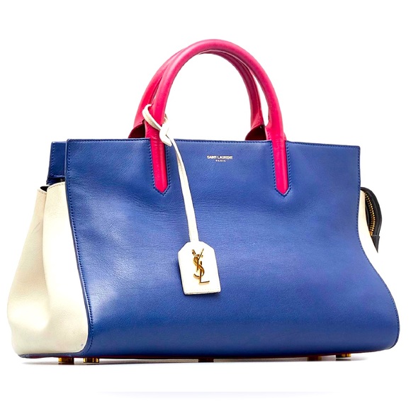 Saint Laurent Calfskin Small Cabas Rive Gauche Multicolor Blue White Pink Tote - Picture 2 of 13
